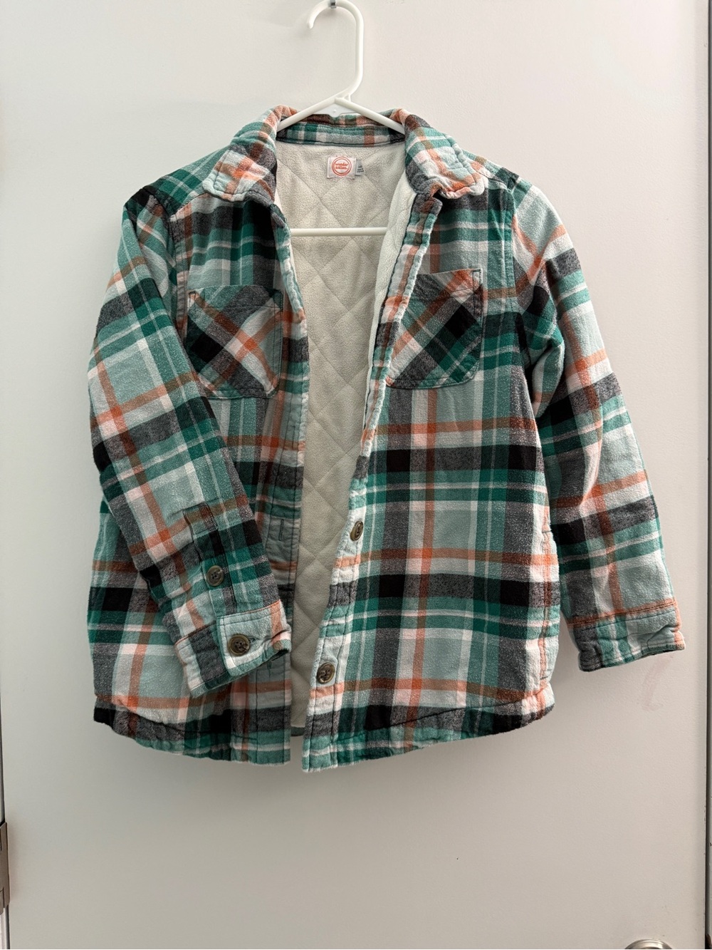 Girls Quilted-Lined Plaid Button-Up Shirt Jacket - Green & Orange